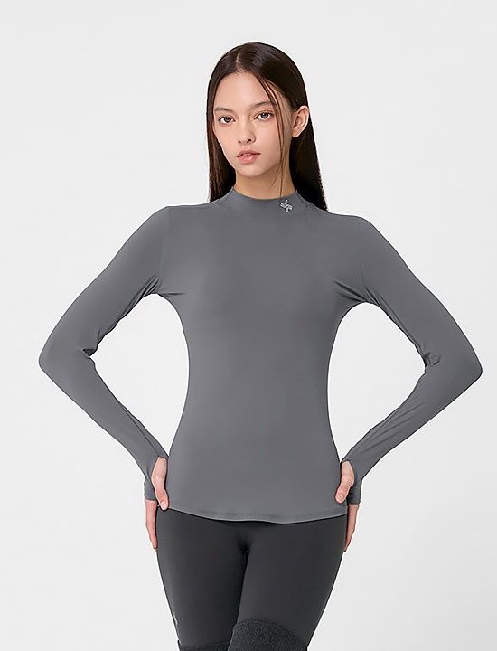 Mock Neck Finger Hole Basic T Shirt Blooming Gray