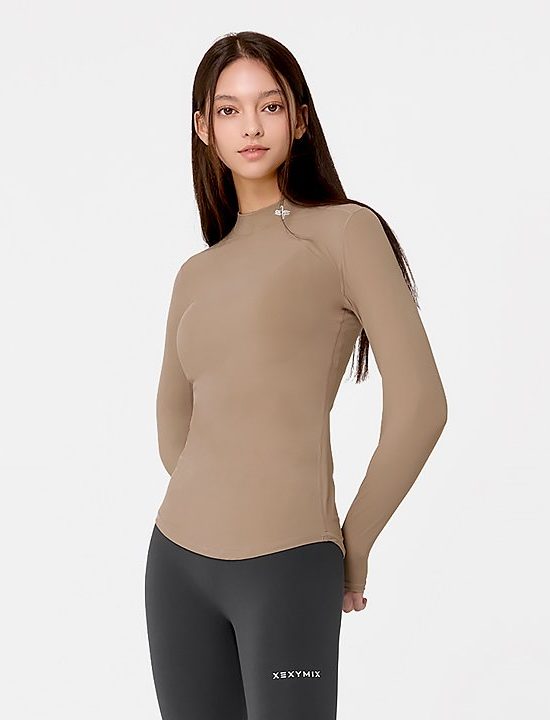 Mock Neck Finger Hole Basic T Shirt Cafe Latte