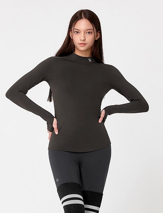 Mock Neck Finger Hole Basic T Shirt Choco Bread