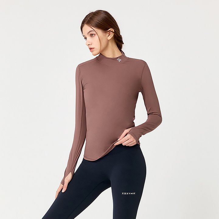 Mock Neck Finger Hole Basic T Shirt Copper Rose