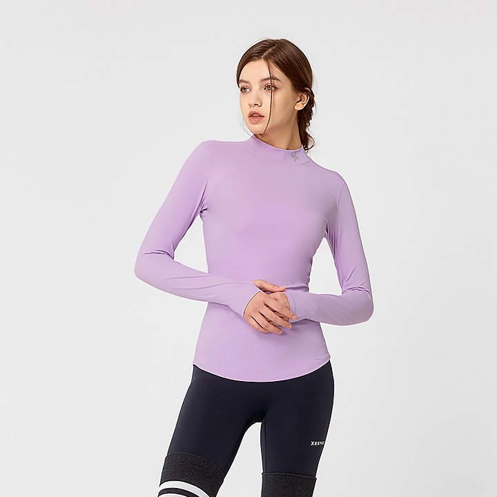 Mock Neck Finger Hole Basic T Shirt Lilac Breeze 2