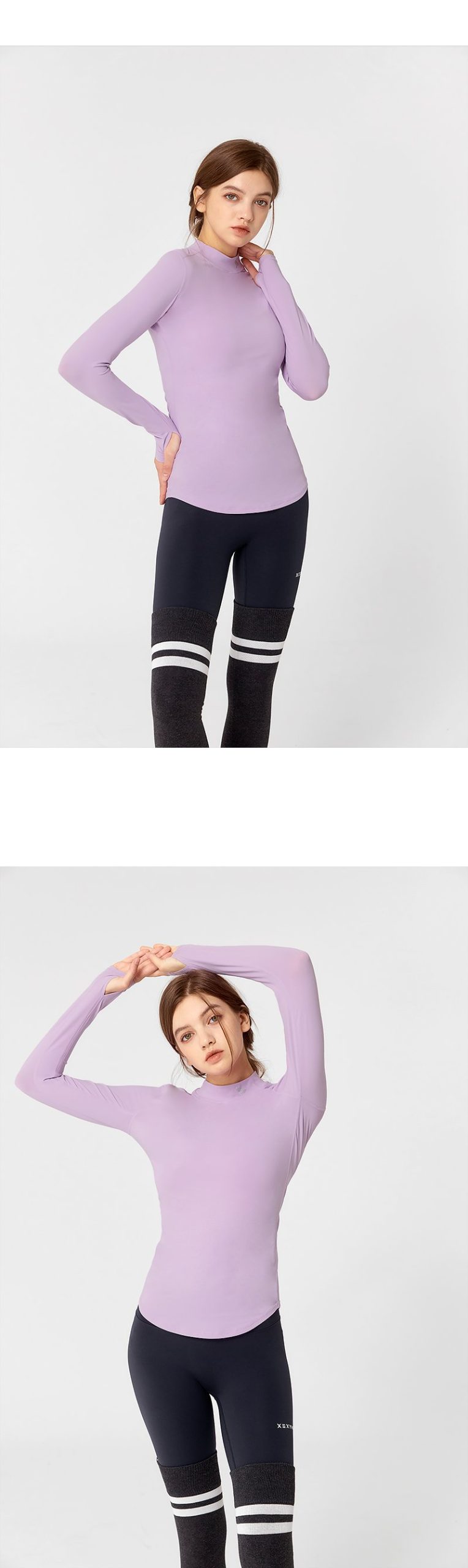 Mock Neck Finger Hole Basic T Shirt Lilac Breeze 5
