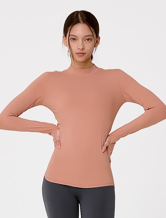 Mock Neck Finger Hole Basic T Shirt Peach Blum