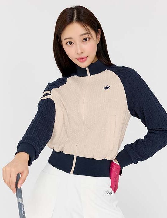 Cable Pattern High Neck Color Combination Jumper Dark Navy