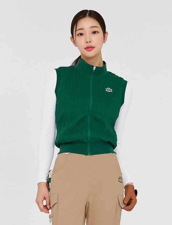 Cable Pattern High Neck Vest Green