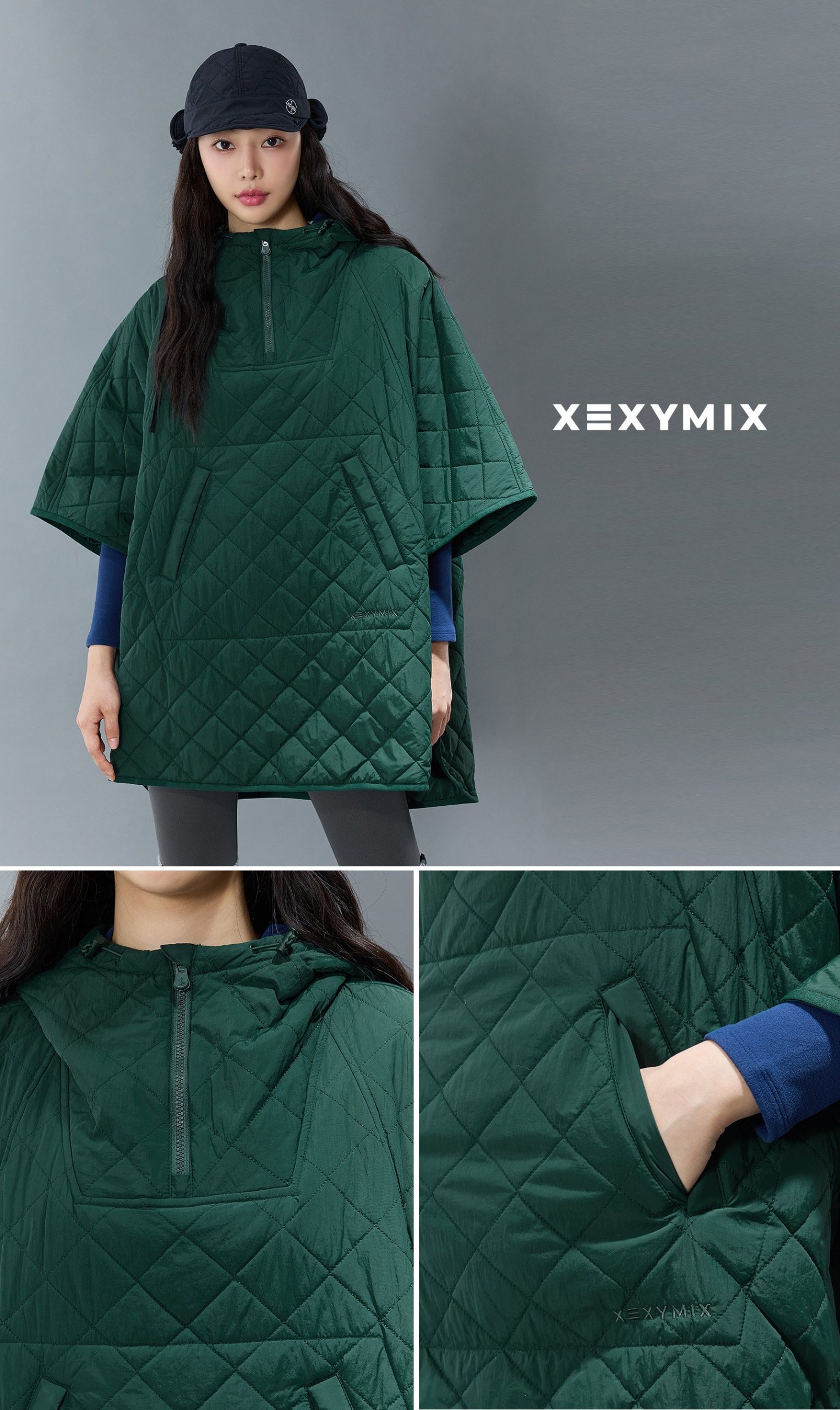Quilted Hood Packable Poncho Hunter Green 2