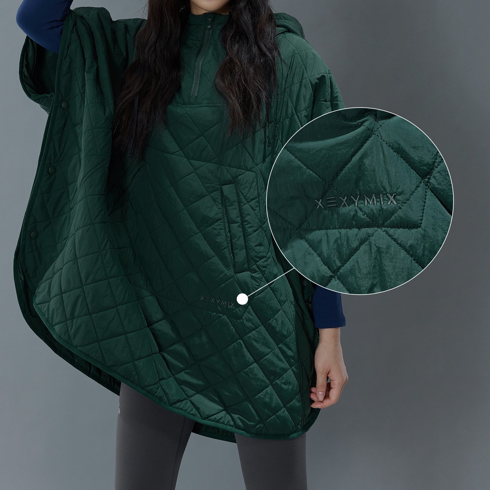 Quilted Hood Packable Poncho Hunter Green 4