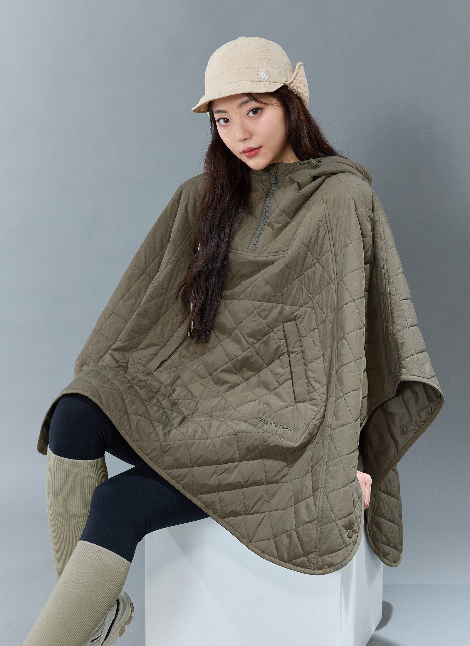 Quilted Hood Packable Poncho Olive Haze 1