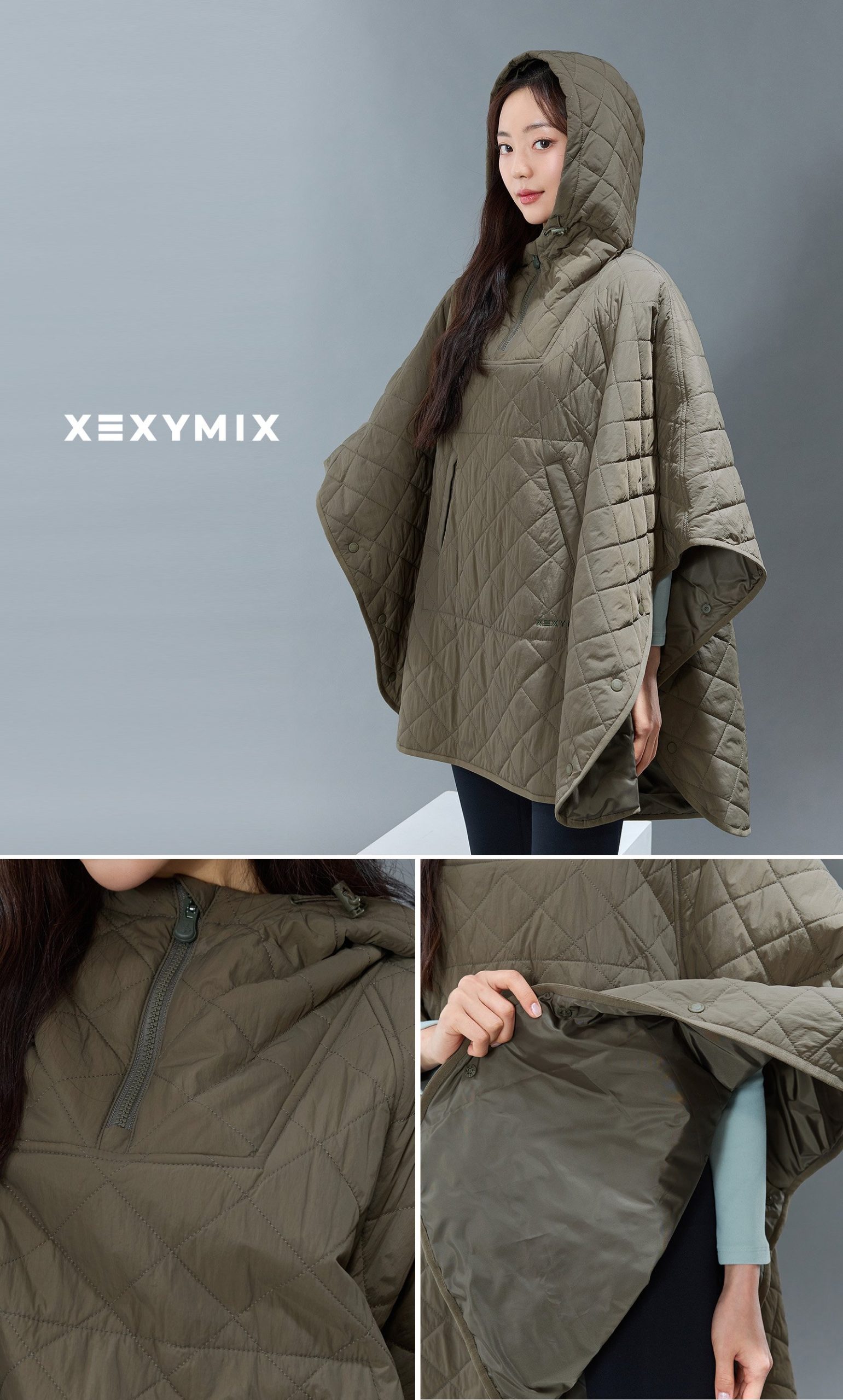 Quilted Hood Packable Poncho Olive Haze 2