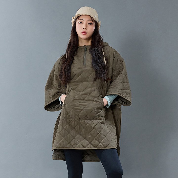 Quilted Hood Packable Poncho Olive Haze