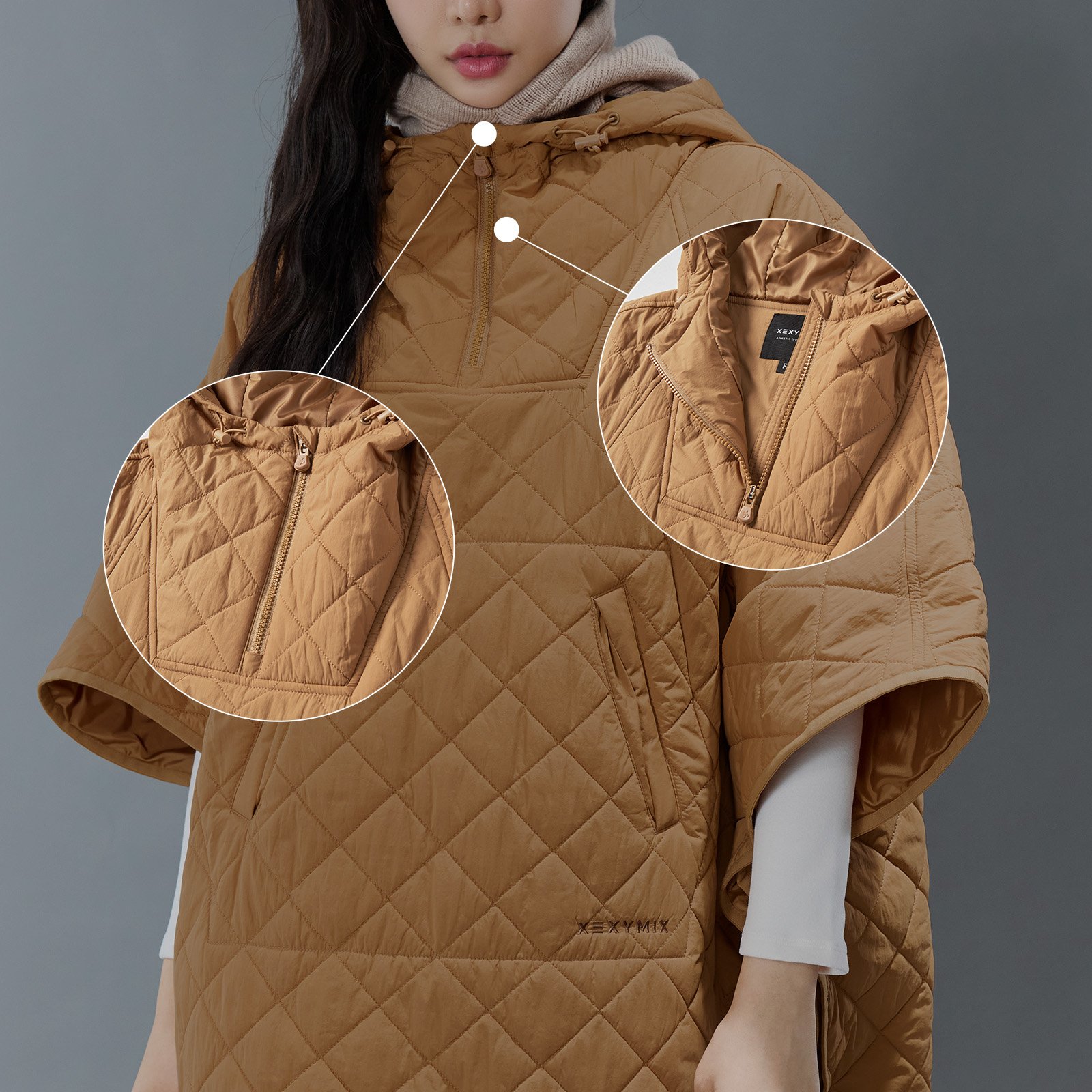 Quilted Hood Packable Poncho Toast Camel 3
