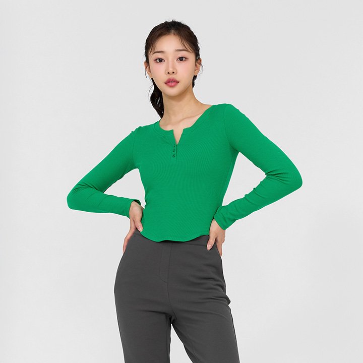 Soft Ribbed Button Long Sleeve Green Forest