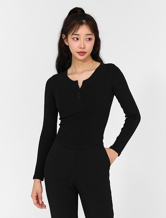 Soft Ribbed Button Long Sleeve Black
