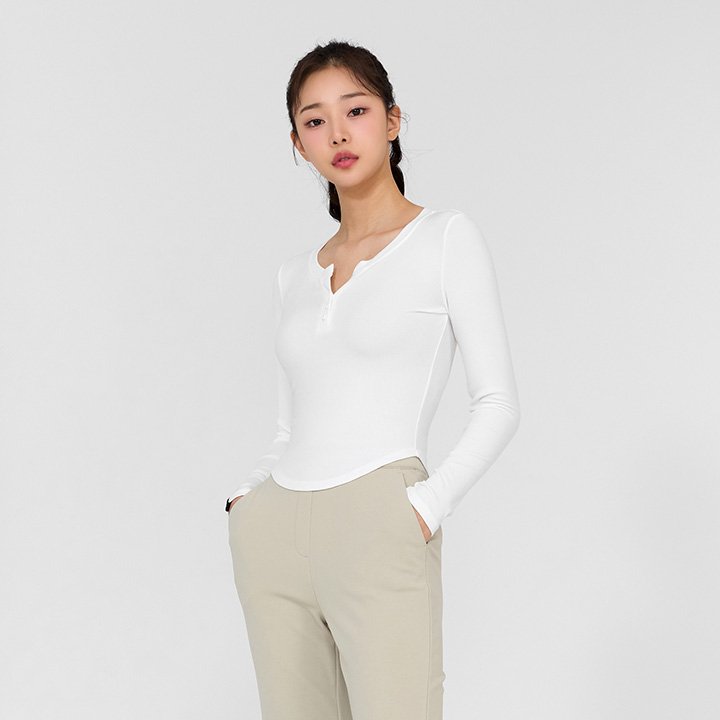 Soft Ribbed Button Long Sleeve Ivory