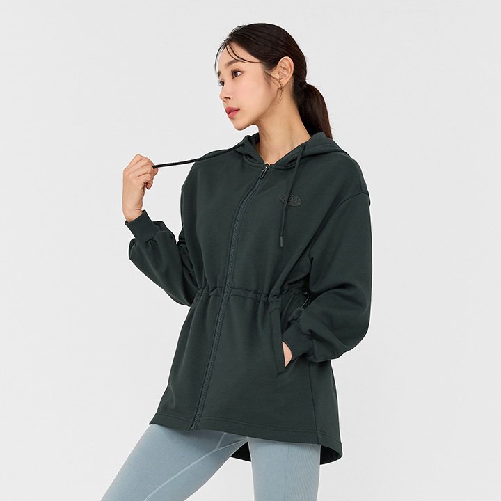 Warm Cotton Loose Fit String Hood Zip Up Pine Green