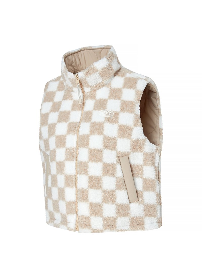 Women's Checkerboard Fleece Reversible Vest Light Beige 6