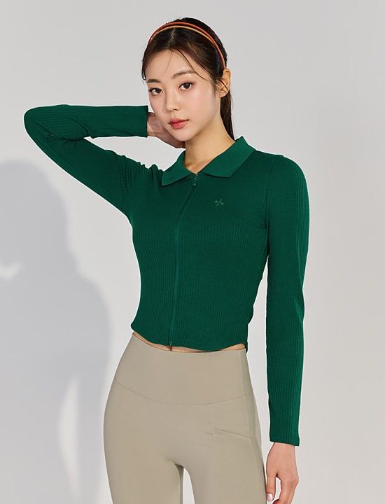 Soft Ribbed Collar Zip Up Pine Forest