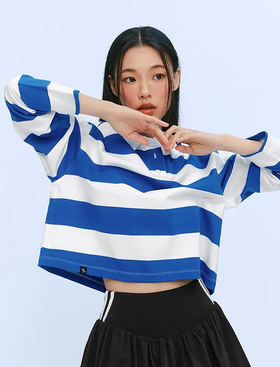 Áo Stripe Overfit Crop Long Sleeve_French Blue - XFK1QL1103