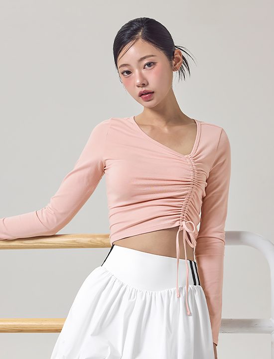 Áo Unbalanced Neck Shirring Long Sleeve_Bijou Pink - XFK3TL1112